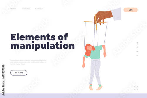 Elements of manipulation concept for landing page design template with hand of puppet master