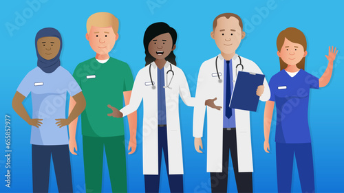 Simple flat diverse medical healthcare team vector characters. British NHS uniforms. Easy to edit flat modern trendy style.