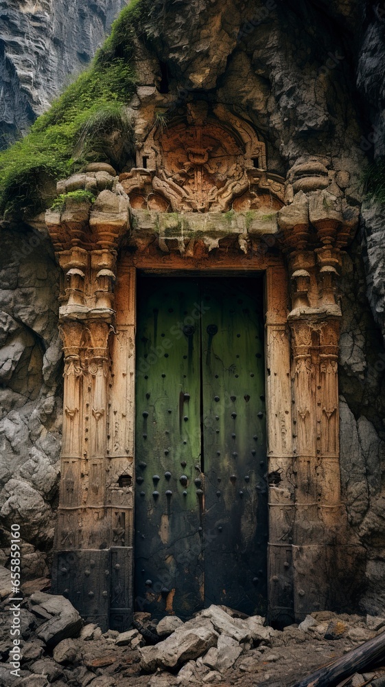 Ancient antique doors in a gorge, fantasy landscape. Generation AI