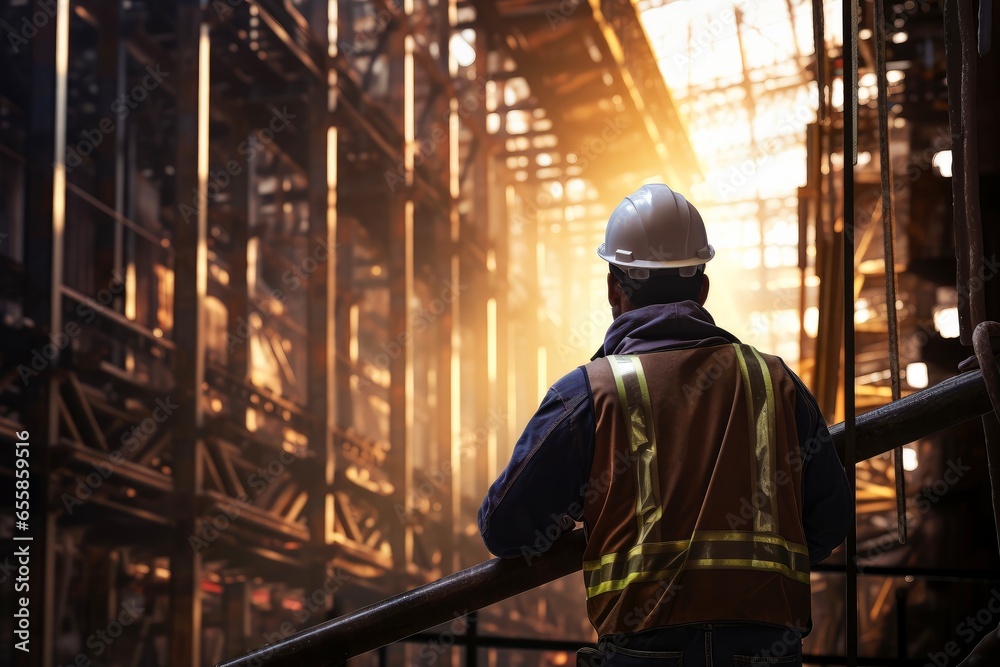 Engineering wearing hardhat with blurred site construction building background Engineering wearing hardhat with blurred site construction building background
