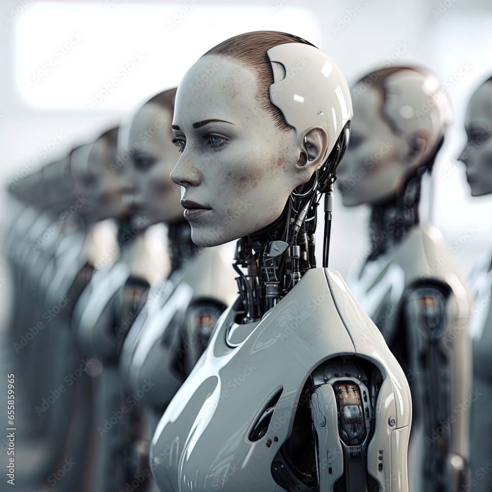 A line of humanoid robots stands silently. Great for stories on robotics, AI, automation, the fourth industrial revolution, sci-fi, future of work and more. A line of humanoid robots stands silently. Great for stories on robotics, AI, automation, the fourth industrial revolution, sci-fi, future of work and more.