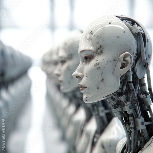 A line of humanoid robots stands silently. Great for stories on robotics, AI, automation, the fourth industrial revolution, sci-fi, future of work and more.