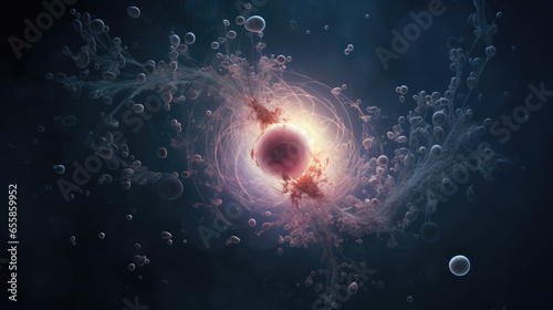Generative AI, egg, oocyte fertilized by sperm, conception under a microscope, in vitro fertilization, 3D illustration, living cell, abstraction, background, creation of new life, science, embryo photo