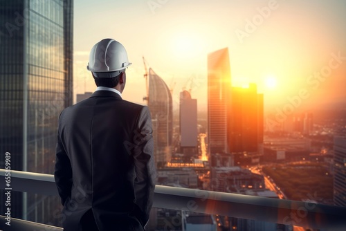 Engineering wearing hardhat with blurred site construction building background © AITTHIPHONG