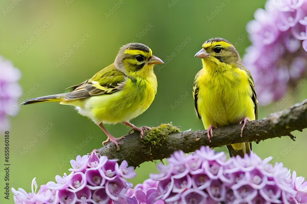Fototapeta premium European serin (Serinus serinus), two young birds sitting on a blooming twig of a summer lilac