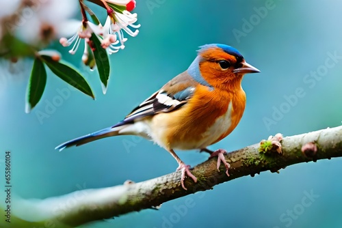 Close up of a Chaffinch (Fringilla coelebs) bird sitting in a cherry tree in the spring season