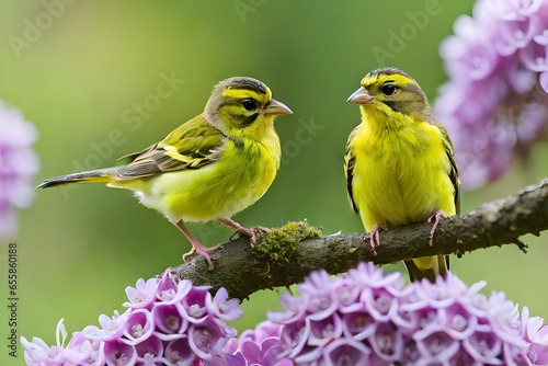 European serin (Serinus serinus), two young birds sitting on a blooming twig of a summer lilac