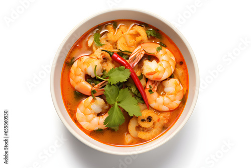 a bowl of prawn tom yum soup isolated on white