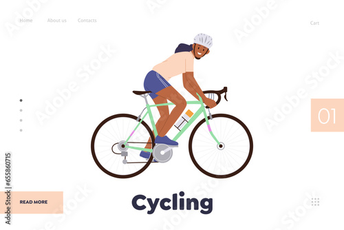 Cycling promotion landing page design template with happy woman enjoying fast riding on bicycle