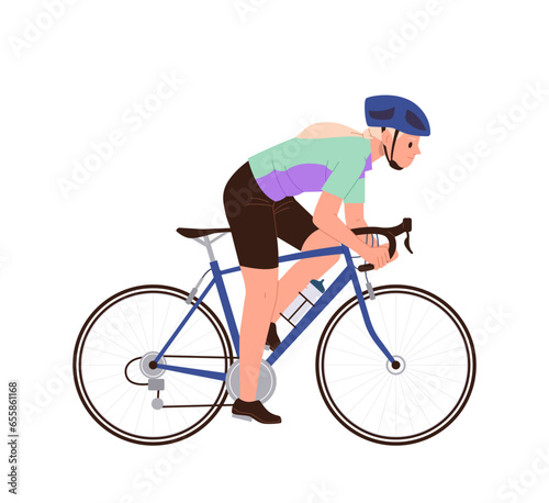 Teenager woman athletic speed rider cartoon character cycling race tour isolated on white background