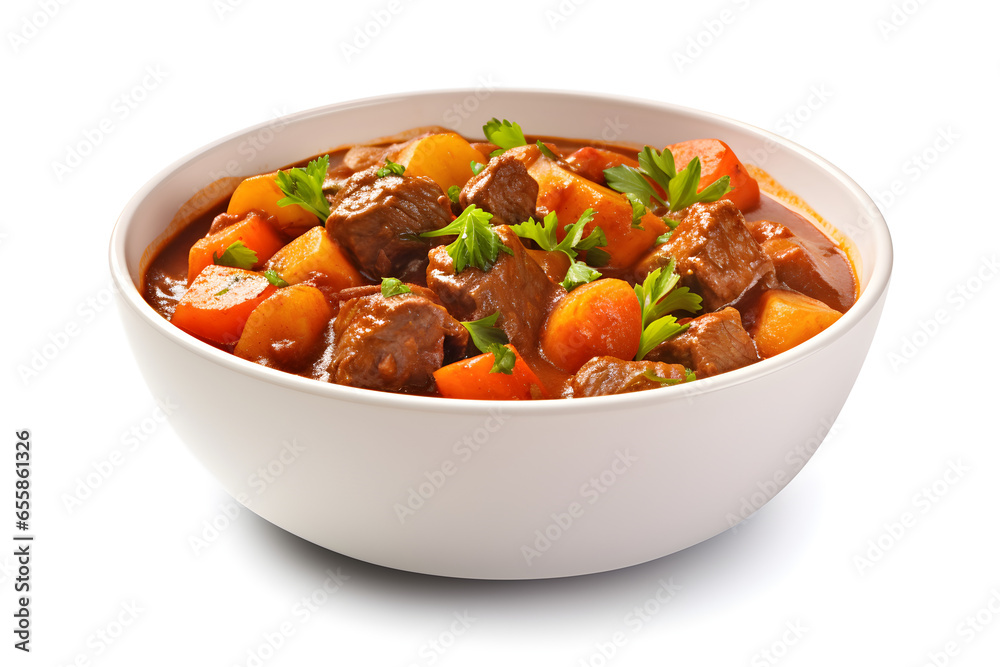 bowl of beef and vegetable stew isolated on white bowl of beef and vegetable stew isolated on white