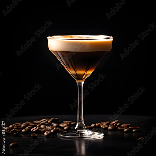 Espresso martini cocktail glass on black background