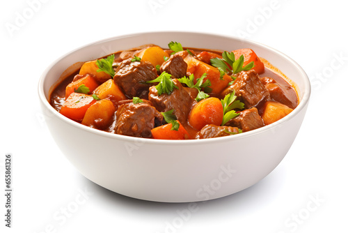 bowl of beef and vegetable stew isolated on white