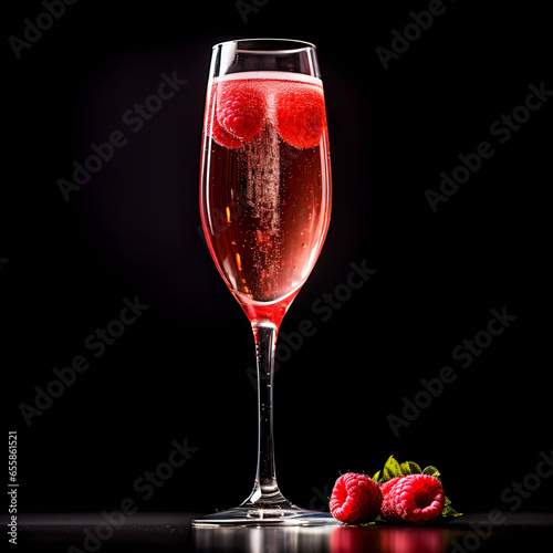 Kir royale cocktail glass on black background