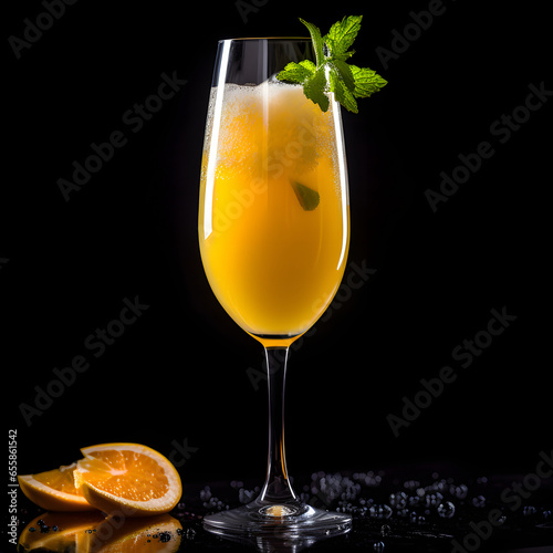 Mimosa cocktail glass on black background
