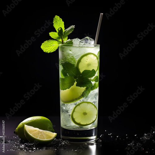 Mojito cocktail glass on black background