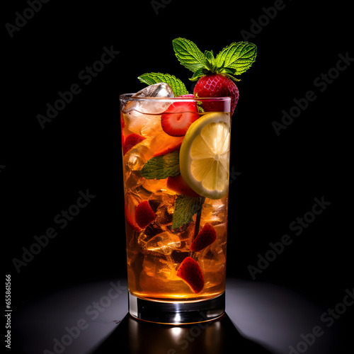 Pimms cup cocktail glass on black background