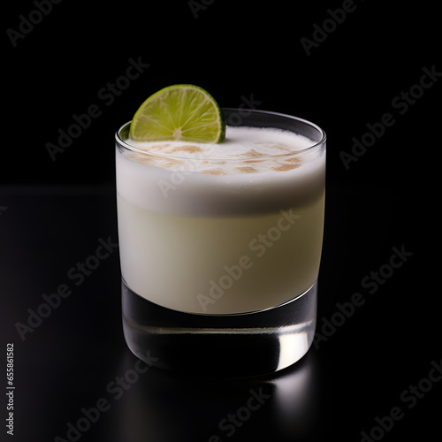 Pisco sour cocktail glass on black background