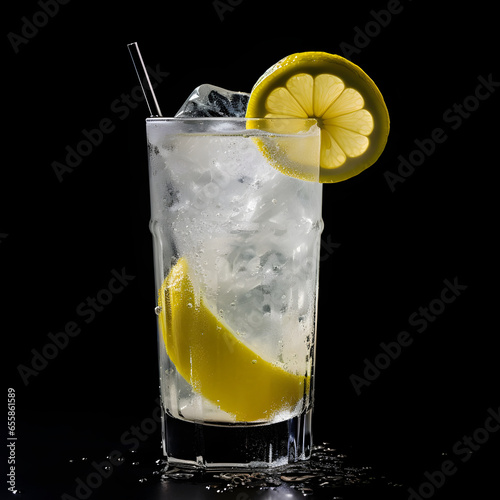 Tom Collins cocktail glass on black background