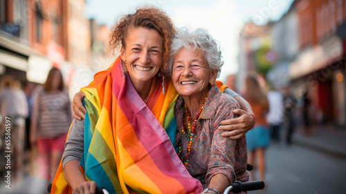 Older women hugging and happy at an LGBT pride day parade. Couple of women on a street showing their love and joy for being together. Concept of equal and ageless love.