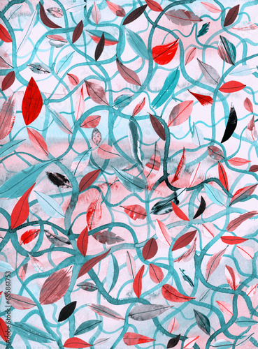 Paper collage. Leaves collage. Watercolor and gouache leaves pattern. Exotic leaves in vintage colors. Botanical art for textile, greeting card, interior, clothes, packaging. Vintage pastel colors.