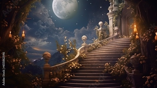 An ancient antique staircase rising up in a luxurious garden of roses, fantasy landscape, moon. Generation AI