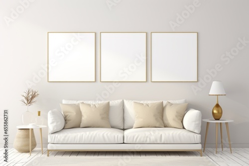 Minimalistic white living room with emty paintings template on the wall. AI generated