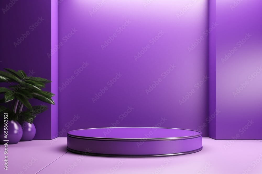 Bright violet trendy 3d podium with plants. AI generated Bright violet trendy 3d podium with plants. AI generated
