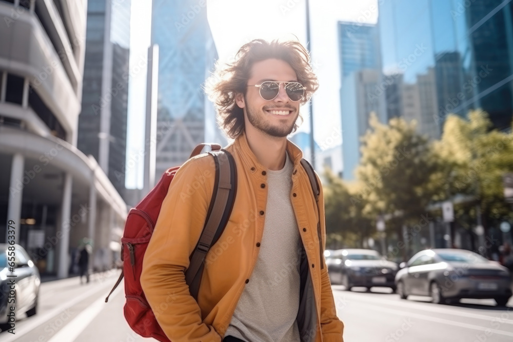 Fototapeta premium portrait of stylish young caucasian man walking on a sunny day, wearing backpack in the city with skyscrapers