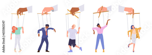 Set of puppet people attached to strings controlling by manipulator hand on white background