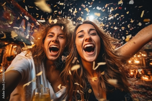 Happy two ladies wear sequins dress pour drinking champagne, joyful celebrating photo