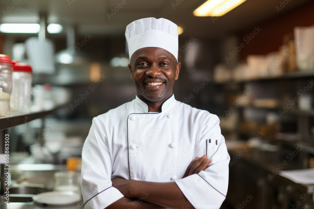 African middle aged male chef in a chef's hat with arms crossed wears apron standing in restaurant kitchen and smiling