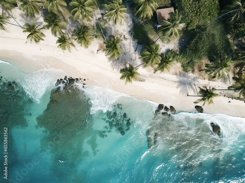 aerial view of a tropical beach with palm trees and water © Giulio Palumbo S.