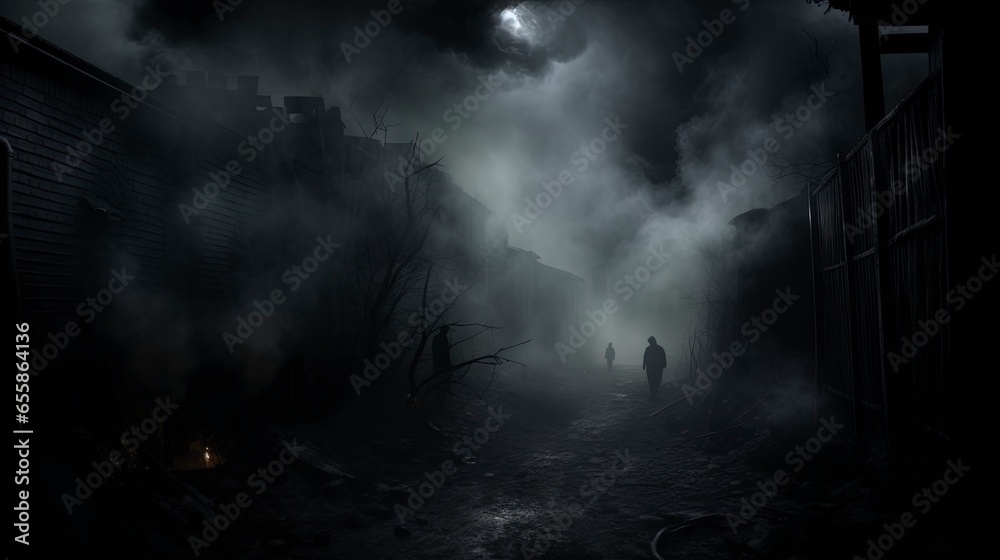 Dark gloomy old room with smoke, scary empty interior. Generation AI Dark gloomy old room with smoke, scary empty interior. Generation AI