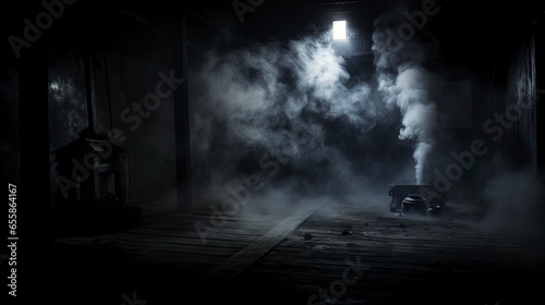 Dark gloomy old room with smoke, scary empty interior. Generation AI