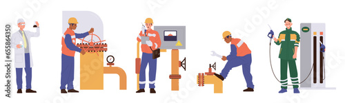 Workers of oil industry, petroleum factory engineer, gas station oilman isolated set on white
