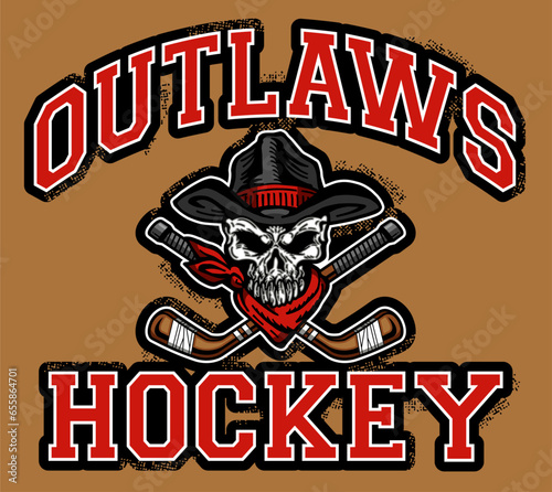 distressed outlaws hockey team design with skull mascot and crossed sticks for school, college or league sports