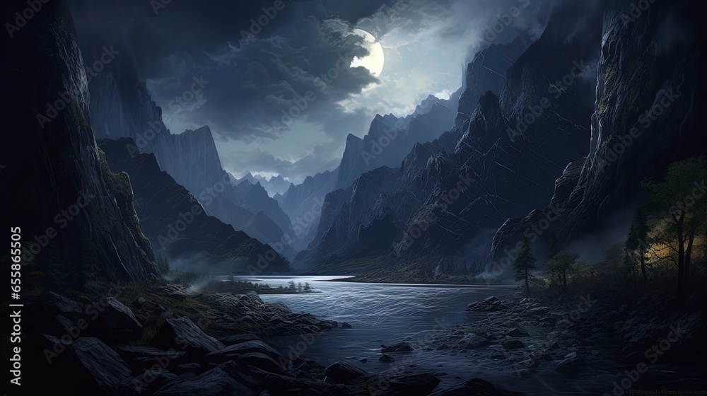 Mountain river in a gorge, fantasy night landscape, moonlight blue light. Generation AI