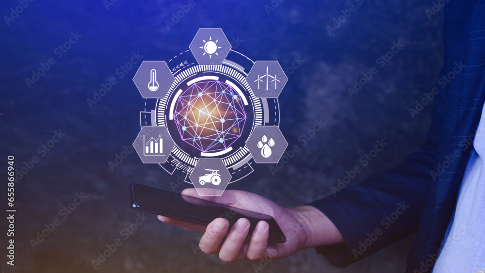 Using hand pressing with infographics smart farming and precision agriculture with visual icon on smartphone, Innovation technology for smart farm system, Agriculture management