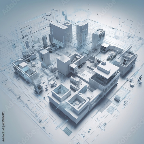 A stylized, modern image illustrating the integration of building components through BIM, for example a 3D model of a building surrounded by stylized icons of tools, people and computers. The style is