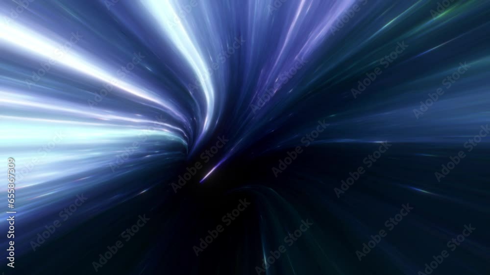 Abstract blue purple hyperspace worm hole tunnel through space time vortex loop background. 4K 3D render Sci-Fi interstellar travel through wormhole in cyberspace. Science technology intro VJ loop

