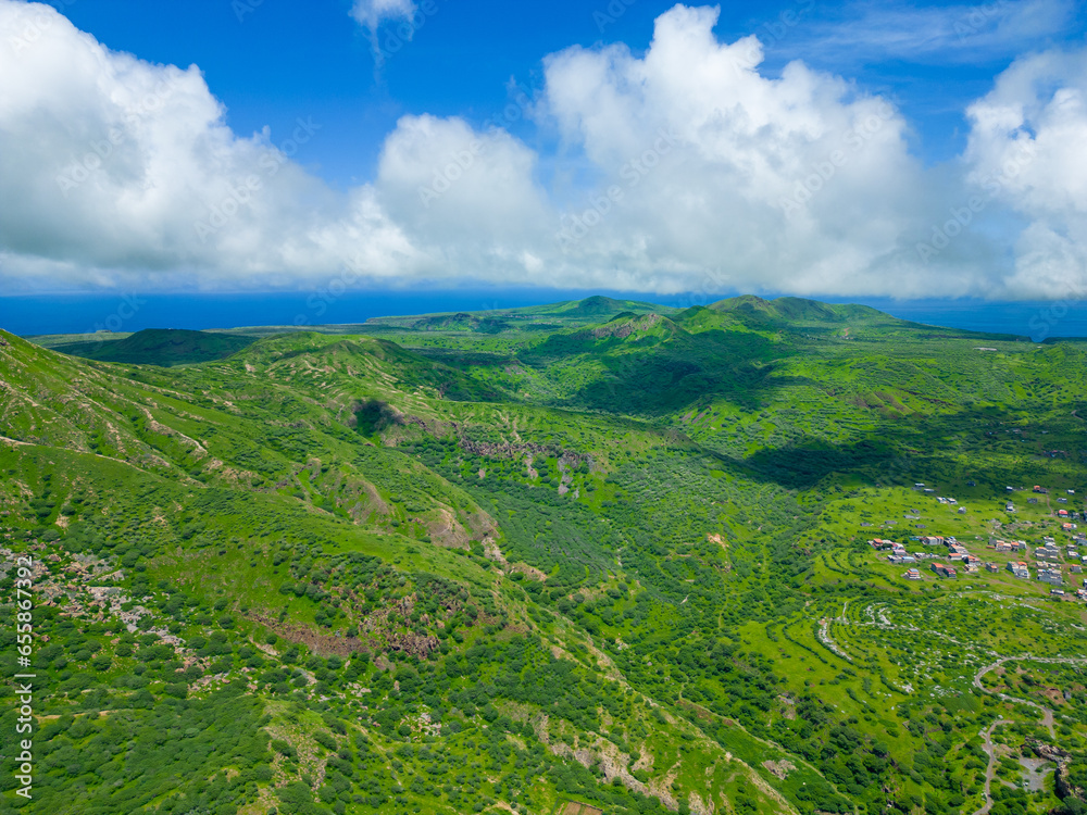 Obraz premium Tarrafal - Cape Verde Aerial View. Mountainous Green Santiago Island Landscape near Tarrafal. The Republic of Cape Verde is an island country in the Atlantic Ocean. Africa.