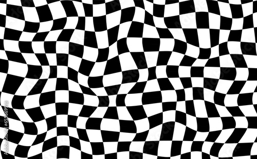 Distort chessboard abstract background.Twisted wavy black and white texture wallpaper.Warped grid square vector illustration.