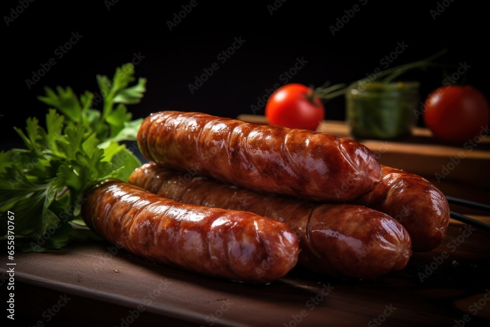 A close-up of Carniolan sausages, a Slovenian specialty, showcasing their texture and flavor. Generative Ai
