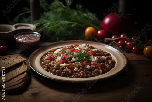 Buckwheat žganci, a Slovenian dish, served with savory toppings in a rustic setting. Generative Ai