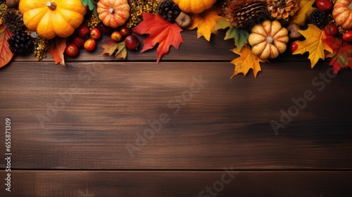 Autumn Leaves and Pumpkins on Wooden Background - Festive Fall Decoration. It is perfect for capturing the essence of the fall season or for creating warm and inviting autumn-themed designs.