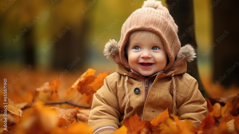 Cute Little Boy Sitting Wearing Brown Jacket on Autumn Leaves Cute Little Boy Sitting Wearing Brown Jacket on Autumn Leaves