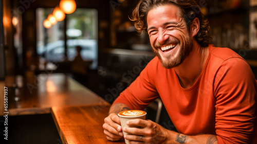 Joyful barista skillfully pouring heart latte art into eco-friendly cup against plain background.