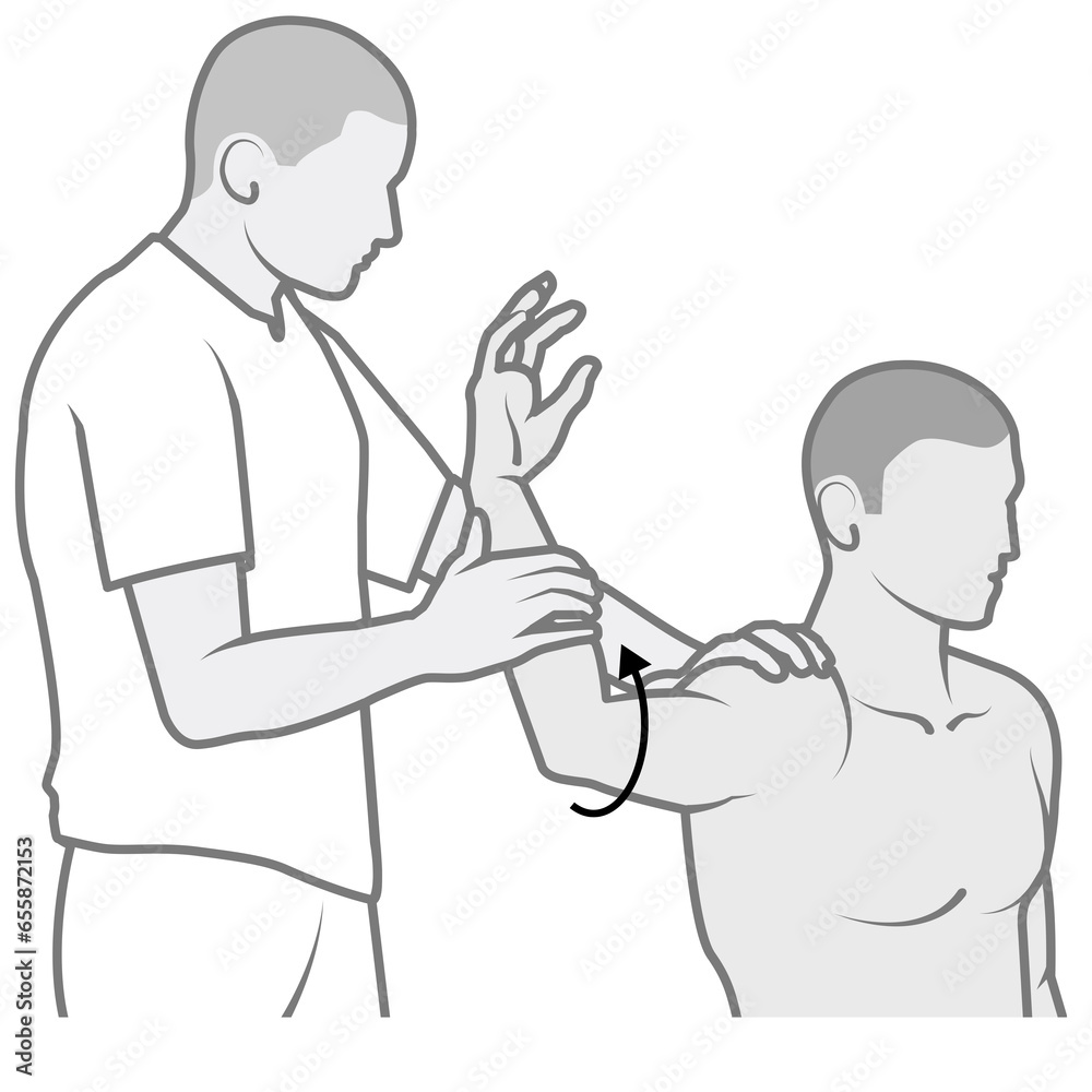 Shoulder examination. Posterior apprehension test. Illustration is part of series shoulder examination