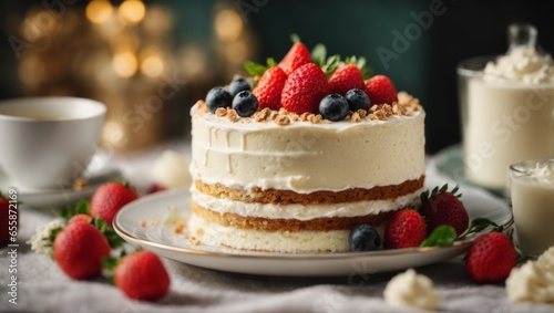 Close-up, delicious cake with cream and strawberries